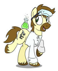 Size: 492x600 | Tagged: safe, artist:spainfischer, oc, oc only, oc:calpain, earth pony, pony, beaker, clothes, goggles, lab coat, solo