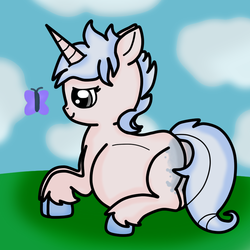 Size: 800x800 | Tagged: safe, artist:preggyponies-4u, oc, oc:frosty cream, butterfly, pony, unicorn, belly, cloud, cute, female, grass, mare, outdoors, pregnant