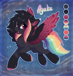 Size: 1920x2001 | Tagged: safe, artist:hioshiru, oc, oc only, oc:ayaka, pegasus, pony, abstract background, alternate design, blue background, body freckles, chest fluff, colored hooves, colored wings, colored wingtips, ear fluff, female, freckles, mare, ponified, rainbow tail, red eyes, reference sheet, simple background, solo, species swap, two toned wings, wings