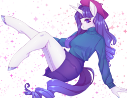 Size: 3300x2550 | Tagged: safe, artist:fernybee, rarity, unicorn, anthro, unguligrade anthro, g4, sweet and elite, beatnik rarity, beret, clothes, cute, female, hat, high res, legs, mare, miniskirt, moe, pleated skirt, skirt, solo, sweater, unshorn fetlocks