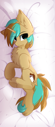 Size: 762x1728 | Tagged: safe, artist:php146, oc, oc only, oc:demi, pony, unicorn, bed, bedroom eyes, body pillow, cute, fluffy, hnnng, male, raised leg, solo