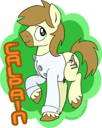 Size: 479x600 | Tagged: source needed, useless source url, safe, artist:spainfischer, oc, oc only, oc:calpain, earth pony, pony, clothes, lab coat, solo, text, unshorn fetlocks