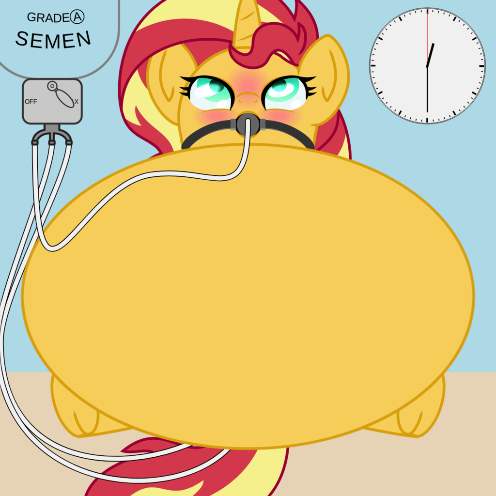 2097027 - explicit, artist:cybersquirrel, part of a set, sunset shimmer,  pony, unicorn, .svg available, animated in description, ballgag, belly,  blushing, circle tool, clock, cum, cum in container, cum inflation,  cumtube, eyeshadow, female,