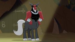 Size: 1280x720 | Tagged: safe, screencap, lord tirek, centaur, frenemies (episode), g4, cloven hooves, hand on hip, male, nose piercing, nose ring, piercing, septum piercing, solo