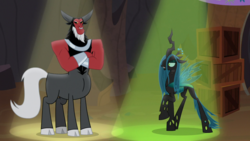 Size: 1920x1080 | Tagged: safe, screencap, lord tirek, queen chrysalis, centaur, changeling, changeling queen, frenemies (episode), g4, better way to be bad, bracer, cloven hooves, colored hooves, crossed arms, crown, duo, duo male and female, evil lair, female, frown, grogar's lair, jewelry, lair, male, mare, nose piercing, nose ring, open mouth, piercing, regalia, septum piercing, singing, spotlight, standing, walking