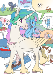 Size: 2420x3508 | Tagged: safe, artist:jackiebloom, princess celestia, oc, oc:pyre, alicorn, dog, dragon, pony, g4, adopted offspring, colored hooves, duo, female, high res, intersex, mare, missing accessory, momlestia, mother and daughter, offspring, parent:princess celestia, parent:princess ember, pictogram, prone, speech bubble, unshorn fetlocks, water slide