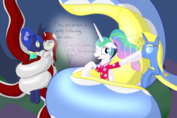 Size: 3600x2400 | Tagged: safe, artist:mightyshockwave, princess celestia, princess luna, oc, oc:ruby scales, oc:sunny coils, alicorn, lamia, monster pony, original species, pony, snake pony, between dark and dawn, g4, boop, coils, constriction, dialogue, high res, hypnosis, imminent hypnosis, swirly eyes