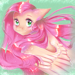 Size: 3000x3000 | Tagged: safe, artist:xkittyblue, fluttershy, pegasus, pony, g4, bust, female, high res, looking at you, mare, portrait, smiling, solo, sparkles, three quarter view, wings