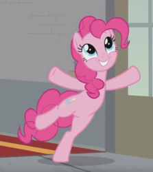 Size: 576x647 | Tagged: safe, screencap, pinkie pie, earth pony, pony, g4, the last laugh, cropped, cute, diapinkes, female, mare, raised leg, smiling, solo, standing, standing on one leg