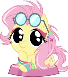 Size: 2729x3098 | Tagged: safe, artist:phucknuckl, budge studios, fluttershy, pegasus, pony, g4, my little pony pocket ponies, 80s, alternate hairstyle, bracelet, chibi, cute, eyeshadow, female, glasses, glasses off, hair ornament, high res, hoof on chin, hoofgazer fluttershy, jewelry, looking at you, makeup, mare, neon bracelet, no pupils, retro, shyabetes, simple background, smiling, solo, three quarter view, transparent background, wristband
