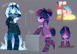 Size: 3999x2800 | Tagged: safe, artist:magnaluna, princess celestia, princess luna, twilight sparkle, alicorn, pony, semi-anthro, bipedal, bipedal leaning, blushing, chest fluff, clothes, cute, ear fluff, female, floppy ears, hnnng, leaning, lunabetes, mare, morning ponies, panties, pink underwear, royal sisters, shirt, shoulder fluff, socks, stockings, striped socks, striped underwear, t-shirt, tanktop, thigh highs, twilight sparkle (alicorn), underwear, yawn