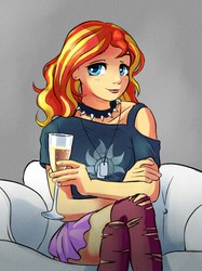 Size: 832x1112 | Tagged: source needed, safe, artist:gsphere, sunset shimmer, human, equestria girls, g4, alcohol, champagne, champagne glass, clothes, collar, couch, crossed arms, crossed legs, dog tags, ear piercing, earring, female, glass, humanized, jewelry, love seat, piercing, skirt, smiling, socks, solo, spiked collar, stockings, thigh highs, thighs, torn clothes, wine, wine glass