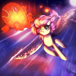 Size: 1900x1900 | Tagged: safe, artist:kizokukokoro, fluttershy, goldfish, pegasus, pony, g4, amazed, female, flying, looking at something, looking up, mare, night, open mouth, spread wings, windswept mane, wings