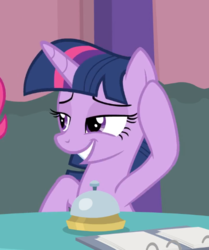 Size: 515x617 | Tagged: safe, screencap, pinkie pie, twilight sparkle, alicorn, pony, a trivial pursuit, g4, season 9, bell, cropped, female, grin, lidded eyes, mare, offscreen character, smiling, solo focus, twilight sparkle (alicorn)