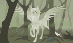 Size: 2580x1524 | Tagged: safe, artist:grypher, oc, oc only, pony, fallout equestria, fallout equestria: red 36, artificial alicorn, creepy, fanfic art, female, forest, green eyes, mare, mist, moss, radiation, rock, roots, skinny, solo, spoopy, spread wings, thin, tree, whitetail woods, wings