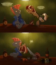 Size: 3480x4000 | Tagged: safe, artist:mellowhen, oc, oc only, oc:hotshot, oc:roulette, earth pony, pegasus, pony, fallout equestria, alcohol, apathy, bar, comforting, comic, crying, dialogue, drink, drunk, empty bottles, female, lamp, lighting, male, mare, panel, pouring, sad, shadow, speech bubble, stallion