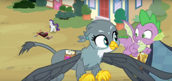 Size: 1884x888 | Tagged: safe, screencap, gabby, rarity, spike, dragon, griffon, pony, dragon dropped, g4, female, male, shipping fuel, smiling, winged spike, wings