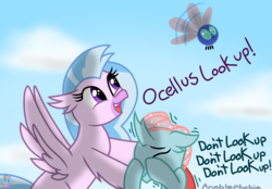 Size: 2249x1561 | Tagged: safe, artist:rainbow eevee, ocellus, silverstream, changedling, changeling, classical hippogriff, hippogriff, parasprite, g4, anablephobia, atg 2019, cloud, cute, daaaaaaaaaaaw, dialogue, diaocelles, diastreamies, duo, eyes closed, fear, hooves on face, newbie artist training grounds, phobia, scared, shivering, sky, text