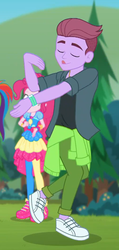 Size: 504x1055 | Tagged: safe, screencap, duke suave, pinkie pie, rainbow dash, accountibilibuddies, equestria girls, equestria girls series, g4, spoiler:choose your own ending (season 2), spoiler:eqg series (season 2), background human, clothes, cropped, dancing, eyes closed, male, offscreen character, pants, shoes, sneakers
