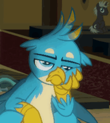 Size: 227x253 | Tagged: safe, screencap, dark moon, gallus, graphite, griffon, pony, unicorn, a horse shoe-in, g4, animated, bored, claws, cropped, cute, gallabetes, gallus is not amused, gif, male, mood swing, shocked, sitting, solo focus