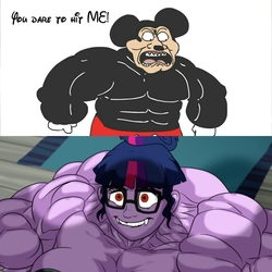 Size: 2560x2560 | Tagged: safe, artist:atariboy2600, artist:bluecarnationstudios, edit, sci-twi, twilight sparkle, equestria girls, g4, angry, breasts, comparison, glasses, high res, lip bite, male, meme, mickey mouse, mokey, mokey's show, muscles, overdeveloped muscles, red eyes, sr pelo, twilight muscle