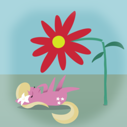 Size: 1000x1000 | Tagged: safe, artist:redquoz, lily, lily valley, earth pony, pony, g4, background pony, dream, faint, fainted, female, flower, lying down, mare, nightmare, pointy ponies, small pony, solo