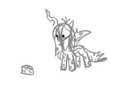 Size: 1600x1200 | Tagged: safe, artist:hopefulsparks, queen chrysalis, changeling, changeling queen, pony, g4, cheese, cheeselegs, chibi, cute, cutealis, doodle, female, food, meme, monochrome, simple background, sketch, solo