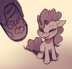 Size: 1341x1269 | Tagged: safe, artist:imalou, pinkie pie, cat, earth pony, pony, g4, behaving like a cat, cider, cute, diapinkes, drawthread, drink, female, hand, mare, monochrome, offscreen character, open mouth, ponified, ponified animal photo, sitting, smiling, soda can