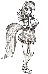 Size: 2976x4528 | Tagged: dead source, safe, rainbow dash, anthro, g4, adorasexy, angry, big breasts, breasts, busty rainbow dash, clothes, cute, female, looking at you, monochrome, sexy, shoes, skirt, socks, solo, tail, wings