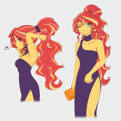 Size: 6070x6070 | Tagged: safe, artist:deeemperor, sunset shimmer, equestria girls, g4, absurd resolution, adorasexy, alternate hairstyle, arm behind head, armpits, beautiful, beautisexy, breasts, choker, cleavage, clothes, cute, dress, evening dress, evening gown, eye clipping through hair, eyebrows, eyebrows visible through hair, female, hair over one eye, hair tie, handbag, legs, looking at you, music notes, one eye closed, ponytail, purple dress, purse, sexy, shimmerbetes, side slit, smiling, solo, stupid sexy sunset shimmer, thighs, total sideslit, wink, winking at you