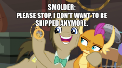 Size: 788x440 | Tagged: safe, edit, edited screencap, screencap, doctor whooves, smolder, time turner, dragon, earth pony, pony, a horse shoe-in, g4, female, impact font, male, meme, stallion, text