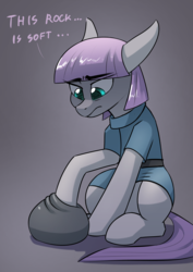 Size: 2480x3508 | Tagged: safe, artist:underpable, maud pie, earth pony, pony, g4, ..., clopfic in the comments, clothes, colored pupils, confused, dialogue, female, floppy ears, frown, gray background, high res, lidded eyes, looking at something, mare, poking, rock, simple background, sitting, soft, solo, story in the comments, text, worried