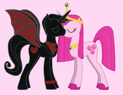 Size: 3308x2548 | Tagged: safe, pony, adventure time, business suit, clothes, crown, female, high res, husband and wife, jewelry, kissing, love, male, mare, nergal, nergal and princess bubblegum, pink background, princess bubblegum, regalia, shipping, simple background, stallion, the grim adventures of billy and mandy