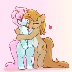 Size: 2500x2500 | Tagged: safe, alternate version, artist:loneless-art, oc, oc:scoops, oc:sugar cookie, pony, unicorn, bipedal, blaze (coat marking), coat markings, cutie mark, eye clipping through hair, facial markings, female, freckles, happy, high res, horn, hug, mare, markings, pale belly, smiling