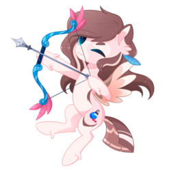 Size: 1024x1024 | Tagged: safe, artist:exceru-karina, oc, oc only, oc:white dreams, pegasus, pony, arrow, bow (weapon), bow and arrow, ear fluff, feather, female, one eye closed, solo, weapon, ych result
