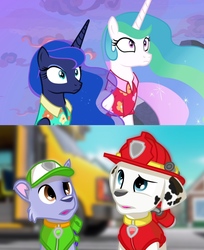 Size: 1724x2113 | Tagged: safe, artist:rainbow eevee, screencap, princess celestia, princess luna, alicorn, dog, pony, between dark and dawn, g4, 1000 hours in ms paint, clothes, confused, expressions, female, hawaiian shirt, looking at something, mare, marshall (paw patrol), paw patrol, rocky (paw patrol), royal sisters, school bus, shirt, shocked, siblings, sisters, wat