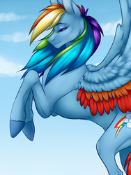 Size: 1200x1600 | Tagged: safe, artist:kriss348, rainbow dash, pony, g4, cloud, colored wings, colored wingtips, female, lidded eyes, rearing, sky, smiling, solo, spread wings, wings