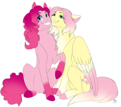 Size: 1800x1600 | Tagged: safe, artist:kriss348, fluttershy, pinkie pie, pony, g4, chest fluff, coat markings, colored hooves, colored wings, colored wingtips, cute, duo, eye clipping through hair, female, friendship, gradient, gradient hooves, gradient mane, grin, happy, looking at you, pink, raised hoof, redesign, signature, simple background, sitting, smiling, socks (coat markings), transparent background, two toned wings, wings