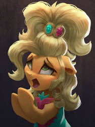 Size: 3000x4000 | Tagged: safe, artist:vanillaghosties, applejack, earth pony, pony, g4, simple ways, alternate hairstyle, applejewel, atg 2019, black background, bust, clothes, dress, female, floppy ears, mare, newbie artist training grounds, open mouth, simple background, solo