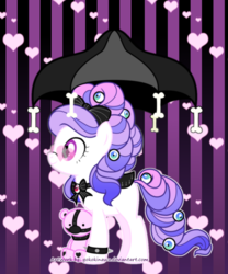 Size: 1000x1200 | Tagged: safe, artist:yokokinawa, oc, oc:gothica, earth pony, pony, bone, bow, eyeball, glasses, gothic, heart shaped glasses, pastel goth, teddy bear, umbrella