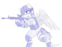 Size: 1024x768 | Tagged: safe, artist:novaintellus, rainbow dash, pony, alternate timeline, amputee, apocalypse dash, ar15, armor, artificial wings, atg 2019, augmented, bipedal, clothes, crystal war timeline, female, goggles, gun, helmet, hoof hold, newbie artist training grounds, prosthetic limb, prosthetic wing, prosthetics, rifle, sketch, solo, uniform, weapon, wings