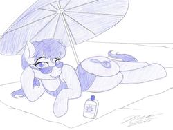 Size: 1024x768 | Tagged: safe, artist:novaintellus, octavia melody, earth pony, pony, g4, atg 2019, beach, beach umbrella, clothes, female, looking at you, newbie artist training grounds, one-piece swimsuit, prone, signature, sketch, solo, sunglasses, sunscreen, swimsuit, umbrella