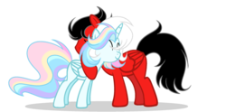 Size: 2611x1293 | Tagged: dead source, safe, artist:rainbows-skies, oc, oc only, oc:water star, oc:william, alicorn, pegasus, pony, hug, male, red and black oc, simple background, stallion, transparent background