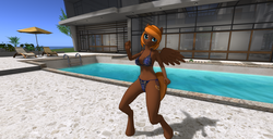 Size: 1920x986 | Tagged: safe, oc, oc only, oc:choca, pegasus, anthro, 3d, armpits, belly button, bikini, clothes, female, ponified, second life, sexy, solo, swimming pool, swimsuit, video in description