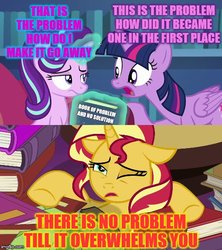 Size: 500x562 | Tagged: safe, edit, edited screencap, screencap, starlight glimmer, sunset shimmer, twilight sparkle, alicorn, unicorn, equestria girls, equestria girls specials, every little thing she does, g4, mirror magic, book, caption, floppy ears, image macro, library, text, twilight sparkle (alicorn), twilight's castle, twilight's castle library