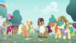 Size: 1920x1080 | Tagged: safe, screencap, aunt holiday, auntie lofty, babs seed, blue note, bulk biceps, chipcutter, feather bangs, granny smith, mane allgood, snap shutter, sugar belle, twist, earth pony, pegasus, pony, unicorn, g4, the last crusade, colt, cutie mark, female, male, mare, sky, wings