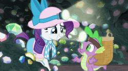 Size: 656x368 | Tagged: safe, screencap, rarity, spike, dragon, pony, dragon dropped, g4, animated, cute, duo, female, gem cave, hat, headlamp, holding hands, holding hooves, male, mare, shipping fuel, smiling, winged spike, wings