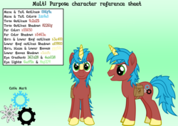Size: 3508x2480 | Tagged: safe, artist:malte279, oc, oc:multi purpose, pony, unicorn, cutie mark, gear wheels, high res, pen and paper rpg, reference sheet