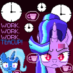 Size: 3875x3875 | Tagged: safe, artist:superhypersonic2000, starlight glimmer, trixie, pony, g4, angry, clock, cup, high res, pixel art, teacup, that pony sure does love teacups
