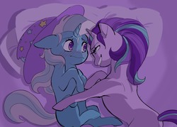 Size: 2100x1500 | Tagged: safe, artist:ashtodusk, starlight glimmer, trixie, pony, unicorn, g4, bed, blushing, clothes, cute, diatrixes, female, grin, hat, lesbian, mare, missing cutie mark, on side, pillow, ship:startrix, shipping, smiling, trixie's hat